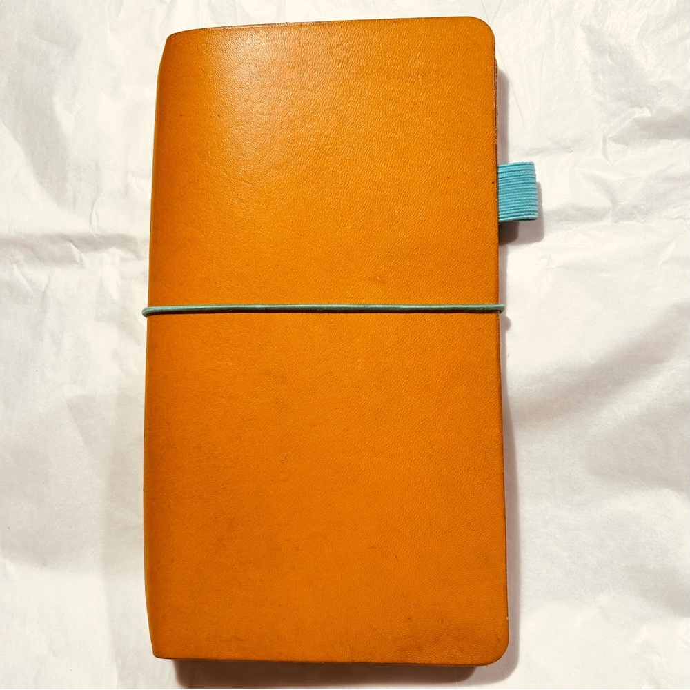 Foxy Fix Leather Traveler’s Notebook Journal Cover in an Orange Tan with Aqua